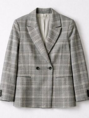 H&M Grey Plaid Double Breasted Blazer Glen Check Jacket Size 8 Workwear Chic